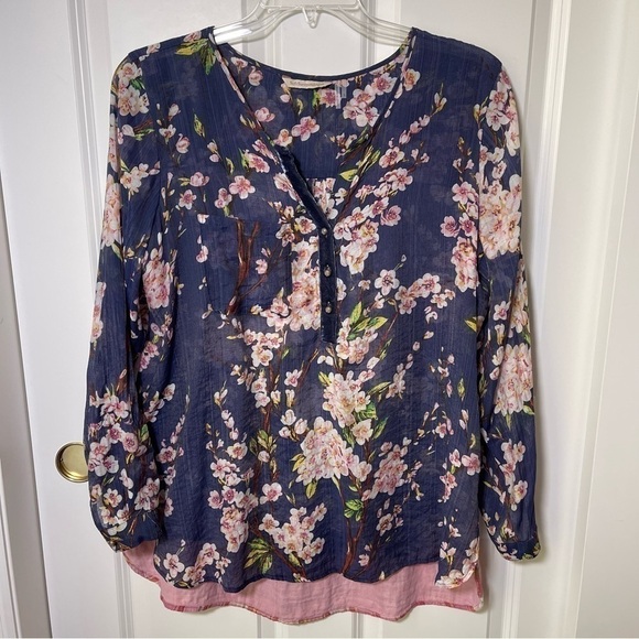 Soft Surroundings Adele Cherry Blossom Tunic Top V-Neck Long Sleeve Navy Blue - Picture 10 of 17
